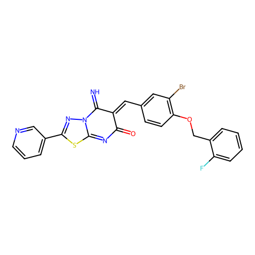 (6Z)-6-[[3-bromo-4-[(2-fluorophenyl)methoxy]phenyl]methylidene]-5-imino-2-pyridin-3-yl-[1,3,4]thiadiazolo[3,2-a]pyrimidin-7-one structure