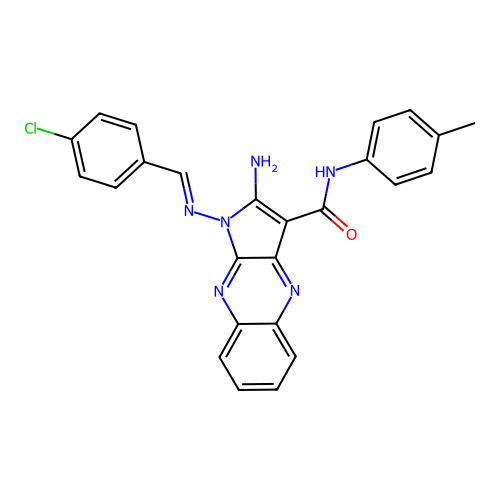(E)-2-amino-1-((4-chlorobenzylidene)amino)-N-(p-tolyl)-1H-pyrrolo[2,3-b]quinoxaline-3-carboxamide structure
