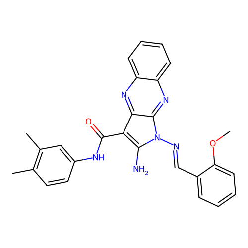 (E)-2-amino-N-(3,4-dimethylphenyl)-1-((2-methoxybenzylidene)amino)-1H-pyrrolo[2,3-b]quinoxaline-3-carboxamide structure