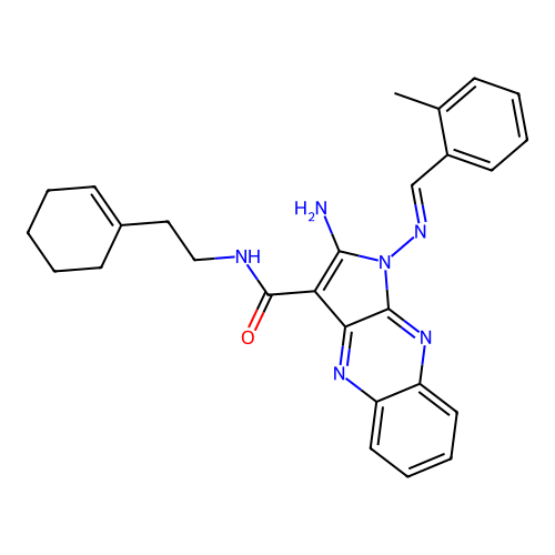 (E)-2-amino-N-(2-(cyclohex-1-en-1-yl)ethyl)-1-((2-methylbenzylidene)amino)-1H-pyrrolo[2,3-b]quinoxaline-3-carboxamide structure