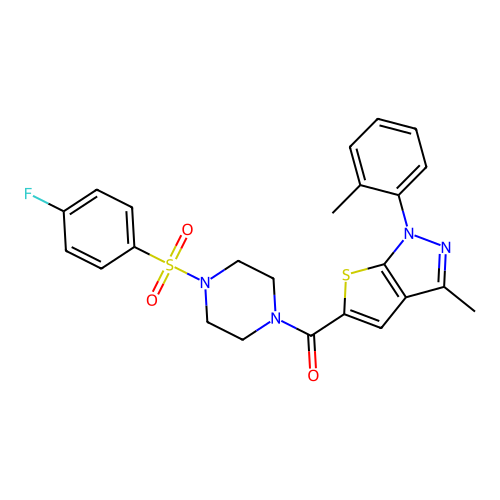 (4-((4-fluorophenyl)sulfonyl)piperazin-1-yl)(3-methyl-1-(o-tolyl)-1H-thieno[2,3-c]pyrazol-5-yl)methanone structure