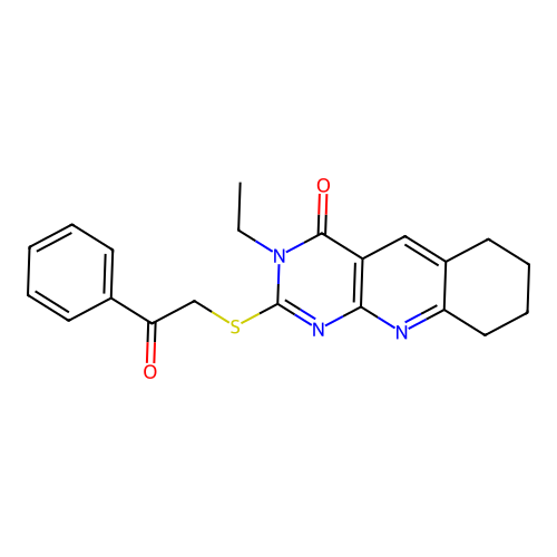 3-ethyl-2-phenacylsulfanyl-6,7,8,9-tetrahydropyrimido[4,5-b]quinolin-4-one structure