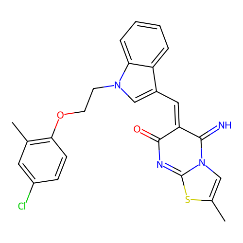 (6Z)-6-({1-[2-(4-chloro-2-methylphenoxy)ethyl]-1H-indol-3-yl}methylidene)-5-imino-2-methyl-5,6-dihydro-7H-[1,3]thiazolo[3,2-a]pyrimidin-7-one structure