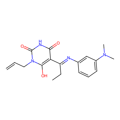 (E)-1-allyl-5-(1-((3-(dimethylamino)phenyl)amino)propylidene)pyrimidine-2,4,6(1H,3H,5H)-trione structure