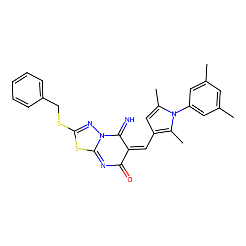 (E)-2-(benzylthio)-6-((1-(3,5-dimethylphenyl)-2,5-dimethyl-1H-pyrrol-3-yl)methylene)-5-imino-5H-[1,3,4]thiadiazolo[3,2-a]pyrimidin-7(6H)-one structure