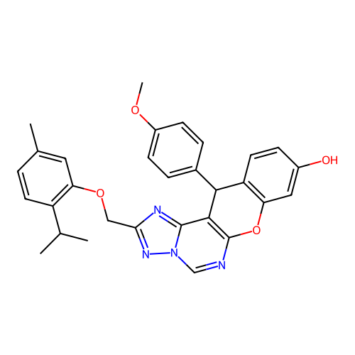12-(4-methoxyphenyl)-2-{[5-methyl-2-(propan-2-yl)phenoxy]methyl}-12H-chromeno[3,2-e][1,2,4]triazolo[1,5-c]pyrimidin-9-ol structure