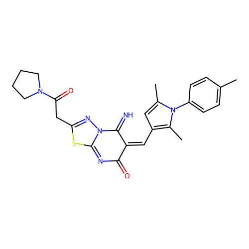 (E)-6-((2,5-dimethyl-1-(p-tolyl)-1H-pyrrol-3-yl)methylene)-5-imino-2-(2-oxo-2-(pyrrolidin-1-yl)ethyl)-5H-[1,3,4]thiadiazolo[3,2-a]pyrimidin-7(6H)-one structure