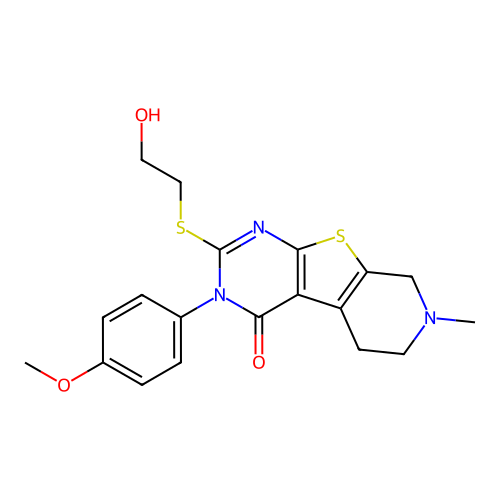 2-((2-hydroxyethyl)thio)-3-(4-methoxyphenyl)-7-methyl-5,6,7,8-tetrahydropyrido[4',3':4,5]thieno[2,3-d]pyrimidin-4(3H)-one structure