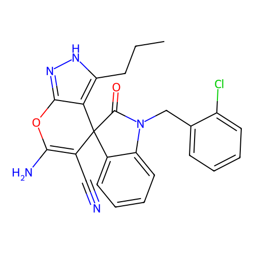 6'-amino-1-(2-chlorobenzyl)-2-oxo-3'-propyl-1'H-spiro[indoline-3,4'-pyrano[2,3-c]pyrazole]-5'-carbonitrile structure