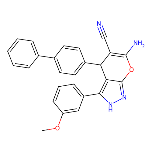 4-([1,1'-biphenyl]-4-yl)-6-amino-3-(3-methoxyphenyl)-1,4-dihydropyrano[2,3-c]pyrazole-5-carbonitrile structure