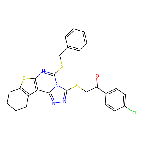 2-((5-(benzylthio)-8,9,10,11-tetrahydrobenzo[4,5]thieno[3,2-e][1,2,4]triazolo[4,3-c]pyrimidin-3-yl)thio)-1-(4-chlorophenyl)ethanone structure