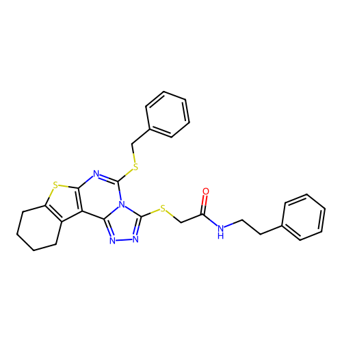 2-((5-(benzylthio)-8,9,10,11-tetrahydrobenzo[4,5]thieno[3,2-e][1,2,4]triazolo[4,3-c]pyrimidin-3-yl)thio)-N-phenethylacetamide structure