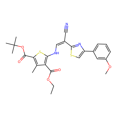 (Z)-2-tert-butyl 4-ethyl 5-((2-cyano-2-(4-(3-methoxyphenyl)thiazol-2-yl)vinyl)amino)-3-methylthiophene-2,4-dicarboxylate structure