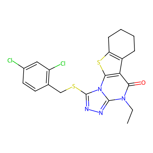 1-((2,4-dichlorobenzyl)thio)-4-ethyl-6,7,8,9-tetrahydrobenzo[4,5]thieno[3,2-e][1,2,4]triazolo[4,3-a]pyrimidin-5(4H)-one structure