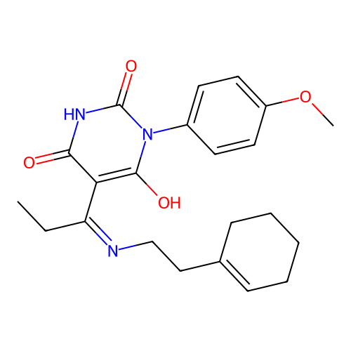 (5E)-5-(1-{[2-(cyclohex-1-en-1-yl)ethyl]amino}propylidene)-6-hydroxy-3-(4-methoxyphenyl)pyrimidine-2,4(3H,5H)-dione structure