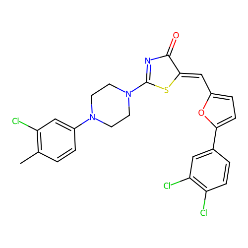 (5Z)-2-[4-(3-chloro-4-methylphenyl)piperazin-1-yl]-5-[[5-(3,4-dichlorophenyl)furan-2-yl]methylidene]-1,3-thiazol-4-one structure