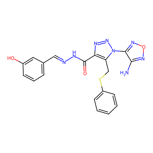 (E)-1-(4-amino-1,2,5-oxadiazol-3-yl)-N'-(3-hydroxybenzylidene)-5-((phenylthio)methyl)-1H-1,2,3-triazole-4-carbohydrazide structure