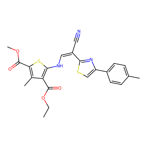 (Z)-4-ethyl 2-methyl 5-((2-cyano-2-(4-(p-tolyl)thiazol-2-yl)vinyl)amino)-3-methylthiophene-2,4-dicarboxylate structure