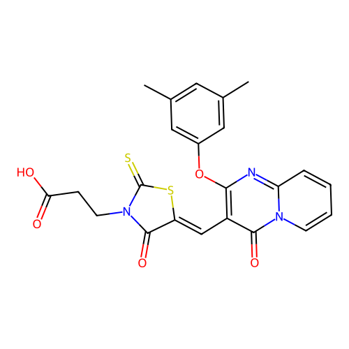 3-[(5Z)-5-{[2-(3,5-dimethylphenoxy)-4-oxo-4H-pyrido[1,2-a]pyrimidin-3-yl]methylidene}-4-oxo-2-thioxo-1,3-thiazolidin-3-yl]propanoic acid structure
