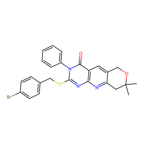 2-((4-bromobenzyl)thio)-8,8-dimethyl-3-phenyl-8,9-dihydro-3H-pyrano[3',4':5,6]pyrido[2,3-d]pyrimidin-4(6H)-one structure