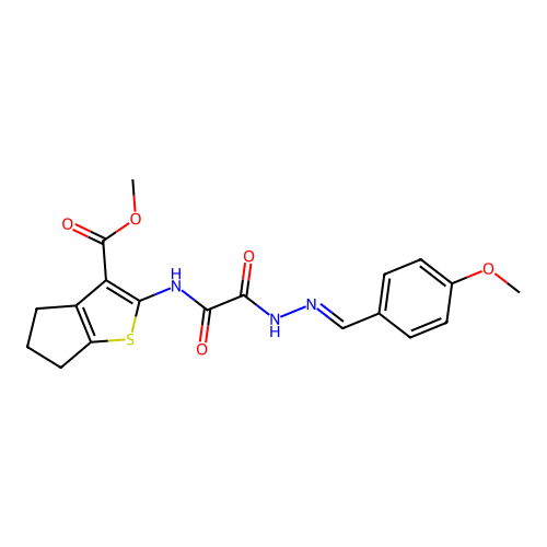 (E)-methyl 2-(2-(2-(4-methoxybenzylidene)hydrazinyl)-2-oxoacetamido)-5,6-dihydro-4H-cyclopenta[b]thiophene-3-carboxylate structure