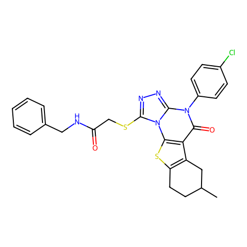 N-benzyl-2-((4-(4-chlorophenyl)-7-methyl-5-oxo-4,5,6,7,8,9-hexahydrobenzo[4,5]thieno[3,2-e][1,2,4]triazolo[4,3-a]pyrimidin-1-yl)thio)acetamide structure