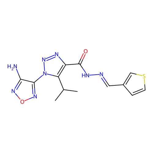 (E)-1-(4-amino-1,2,5-oxadiazol-3-yl)-5-isopropyl-N'-(thiophen-3-ylmethylene)-1H-1,2,3-triazole-4-carbohydrazide structure
