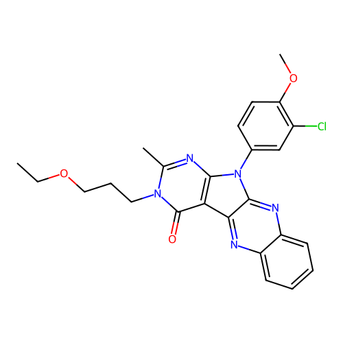 11-(3-chloro-4-methoxyphenyl)-3-(3-ethoxypropyl)-2-methyl-3,11-dihydro-4H-pyrimido[5',4':4,5]pyrrolo[2,3-b]quinoxalin-4-one structure