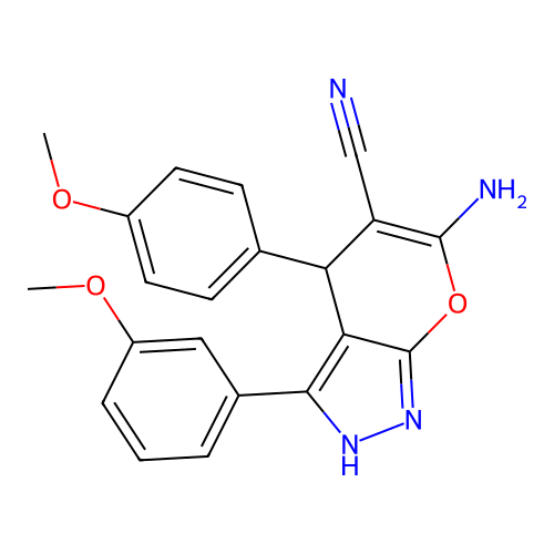 6-amino-3-(3-methoxyphenyl)-4-(4-methoxyphenyl)-2,4-dihydropyrano[2,3-c]pyrazole-5-carbonitrile structure
