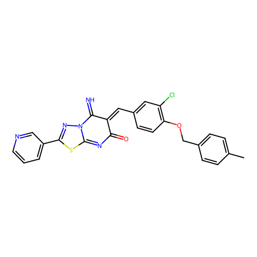 (6Z)-6-[[3-chloro-4-[(4-methylphenyl)methoxy]phenyl]methylidene]-5-imino-2-pyridin-3-yl-[1,3,4]thiadiazolo[3,2-a]pyrimidin-7-one structure