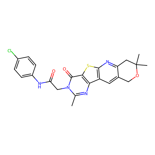 N-(4-chlorophenyl)-2-(2,8,8-trimethyl-4-oxo-4,7,8,10-tetrahydro-3H-pyrano[3'',4'':5',6']pyrido[3',2':4,5]thieno[3,2-d]pyrimidin-3-yl)acetamide structure