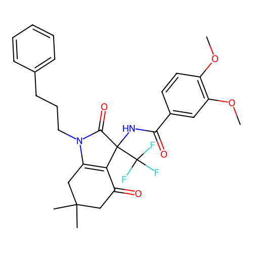 N-(6,6-dimethyl-2,4-dioxo-1-(3-phenylpropyl)-3-(trifluoromethyl)-2,3,4,5,6,7-hexahydro-1H-indol-3-yl)-3,4-dimethoxybenzamide structure