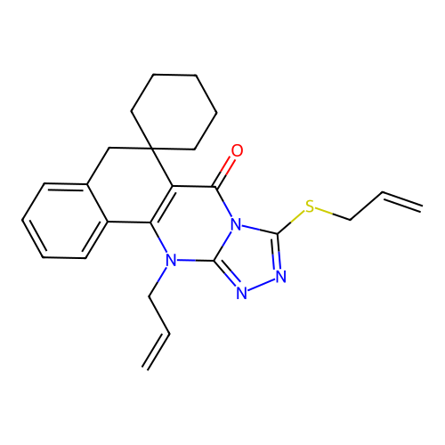 12-(prop-2-en-1-yl)-9-(prop-2-en-1-ylsulfanyl)-5H-spiro[benzo[h][1,2,4]triazolo[3,4-b]quinazoline-6,1'-cyclohexan]-7(12H)-one structure