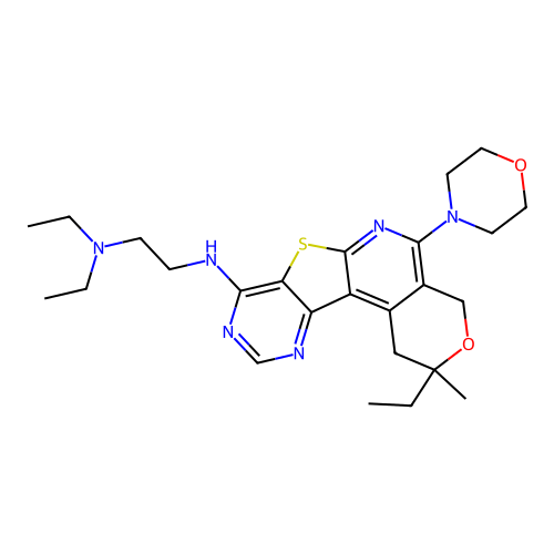 N,N-diethyl-N'-[2-ethyl-2-methyl-5-(morpholin-4-yl)-1,4-dihydro-2H-pyrano[4'',3'':4',5']pyrido[3',2':4,5]thieno[3,2-d]pyrimidin-8-yl]ethane-1,2-diamine structure