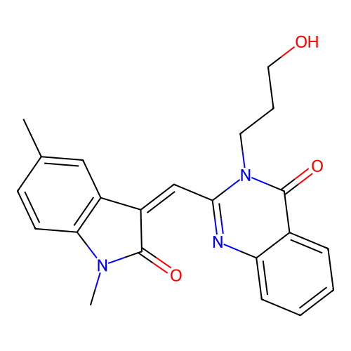 2-[(Z)-(1,5-dimethyl-2-oxoindol-3-ylidene)methyl]-3-(3-hydroxypropyl)quinazolin-4-one structure