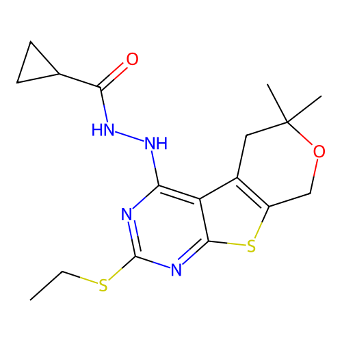 N'-(2-(ethylthio)-6,6-dimethyl-6,8-dihydro-5H-pyrano[4',3':4,5]thieno[2,3-d]pyrimidin-4-yl)cyclopropanecarbohydrazide structure