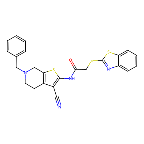 2-(1,3-benzothiazol-2-ylsulfanyl)-N-(6-benzyl-3-cyano-4,5,6,7-tetrahydrothieno[2,3-c]pyridin-2-yl)acetamide structure