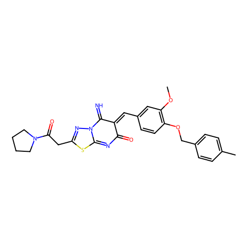 (6Z)-5-imino-6-[[3-methoxy-4-[(4-methylphenyl)methoxy]phenyl]methylidene]-2-(2-oxo-2-pyrrolidin-1-ylethyl)-[1,3,4]thiadiazolo[3,2-a]pyrimidin-7-one structure