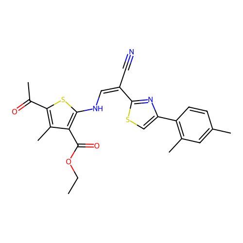 (Z)-ethyl 5-acetyl-2-((2-cyano-2-(4-(2,4-dimethylphenyl)thiazol-2-yl)vinyl)amino)-4-methylthiophene-3-carboxylate structure
