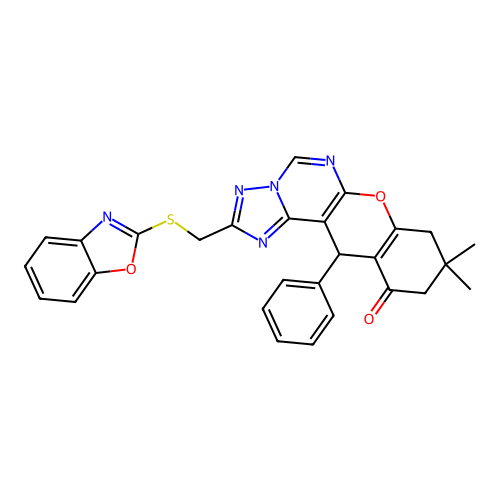 2-((benzo[d]oxazol-2-ylthio)methyl)-9,9-dimethyl-12-phenyl-9,10-dihydro-8H-chromeno[3,2-e][1,2,4]triazolo[1,5-c]pyrimidin-11(12H)-one structure