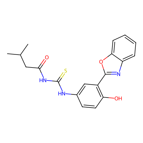N-((3-(benzo[d]oxazol-2-yl)-4-hydroxyphenyl)carbamothioyl)-3-methylbutanamide structure