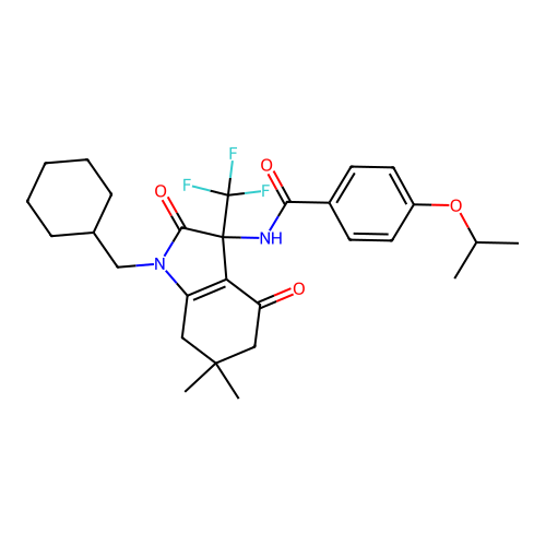 N-(1-(cyclohexylmethyl)-6,6-dimethyl-2,4-dioxo-3-(trifluoromethyl)-2,3,4,5,6,7-hexahydro-1H-indol-3-yl)-4-isopropoxybenzamide structure