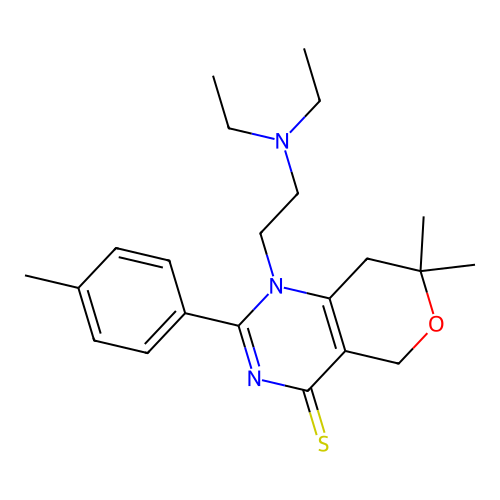 1-[2-(diethylamino)ethyl]-7,7-dimethyl-2-(4-methylphenyl)-5,8-dihydropyrano[4,3-d]pyrimidine-4-thione structure