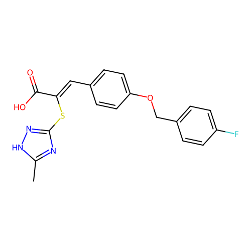 (2Z)-3-{4-[(4-fluorobenzyl)oxy]phenyl}-2-[(3-methyl-1H-1,2,4-triazol-4-ium-5-yl)sulfanyl]prop-2-enoate structure
