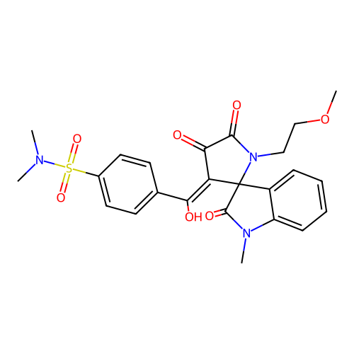 4-[hydroxy-[1'-(2-methoxyethyl)-1-methyl-2,4',5'-trioxospiro[indole-3,2'-pyrrolidine]-3'-ylidene]methyl]-N,N-dimethylbenzenesulfonamide structure
