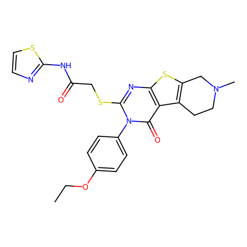 2-((3-(4-ethoxyphenyl)-7-methyl-4-oxo-3,4,5,6,7,8-hexahydropyrido[4',3':4,5]thieno[2,3-d]pyrimidin-2-yl)thio)-N-(thiazol-2-yl)acetamide structure