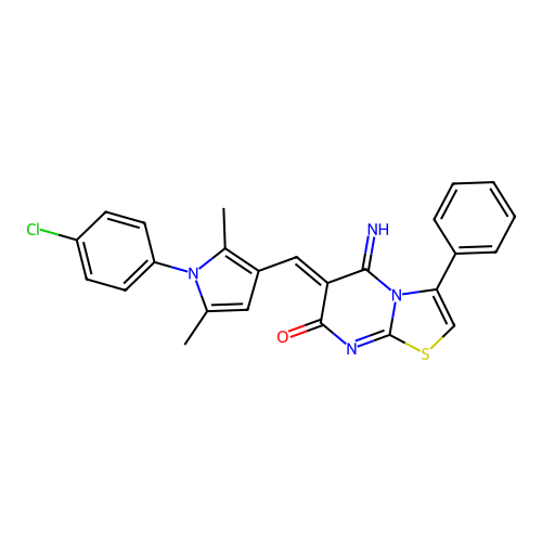 (6Z)-6-[[1-(4-chlorophenyl)-2,5-dimethylpyrrol-3-yl]methylidene]-5-imino-3-phenyl-[1,3]thiazolo[3,2-a]pyrimidin-7-one structure