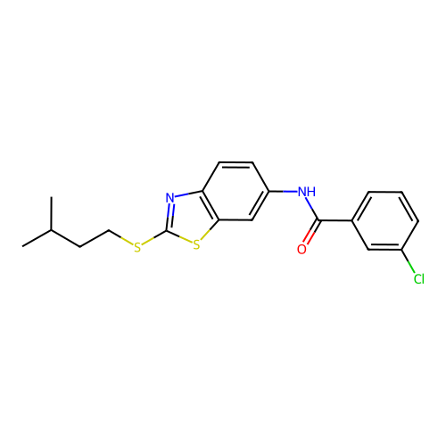 3-chloro-N-{2-[(3-methylbutyl)sulfanyl]-1,3-benzothiazol-6-yl}benzamide structure