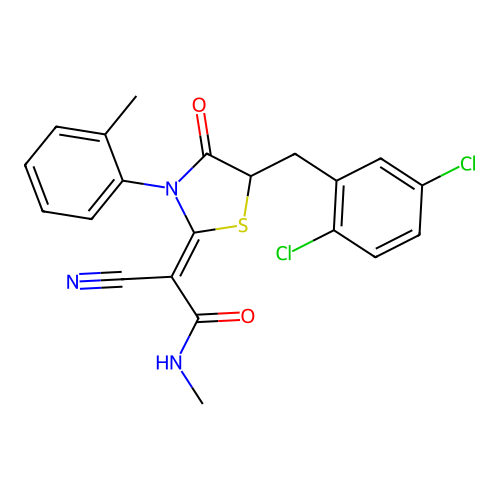 (Z)-2-cyano-2-(5-(2,5-dichlorobenzyl)-4-oxo-3-(o-tolyl)thiazolidin-2-ylidene)-N-methylacetamide structure