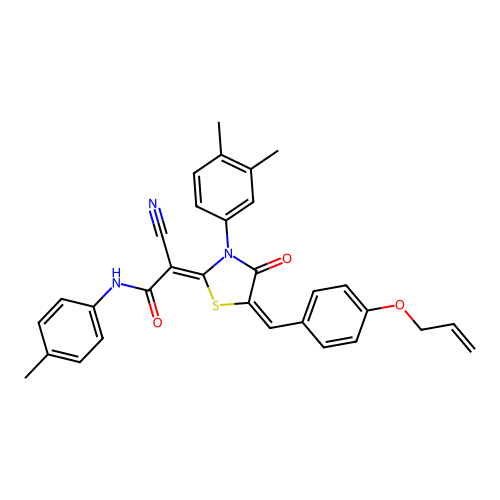 (Z)-2-((E)-5-(4-(allyloxy)benzylidene)-3-(3,4-dimethylphenyl)-4-oxothiazolidin-2-ylidene)-2-cyano-N-(p-tolyl)acetamide structure